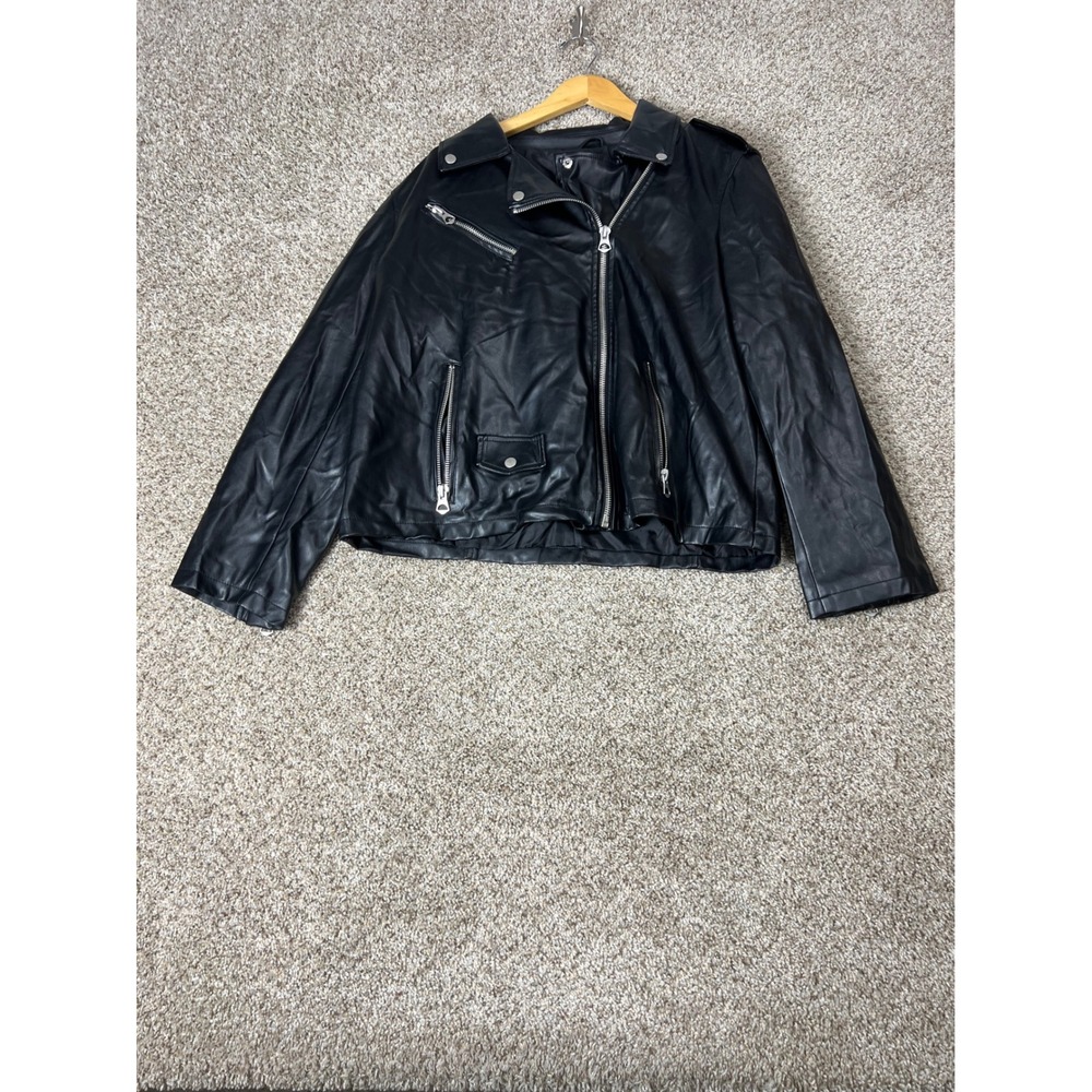 Scoop Black Faux Leather Moto Jacket Womens XL Vegan Biker Asymmetric Zip Pocket